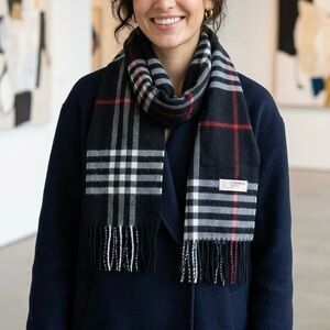 Luxury 100% Cashmere Plaid Winter Scarf – Black, White & Red – approx. 70" x 12"